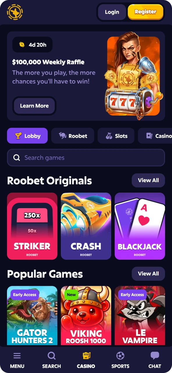 Test your luck at Roobet app casino games.