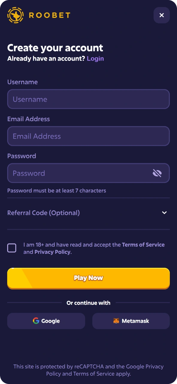 Create account in few taps at Roobet app.