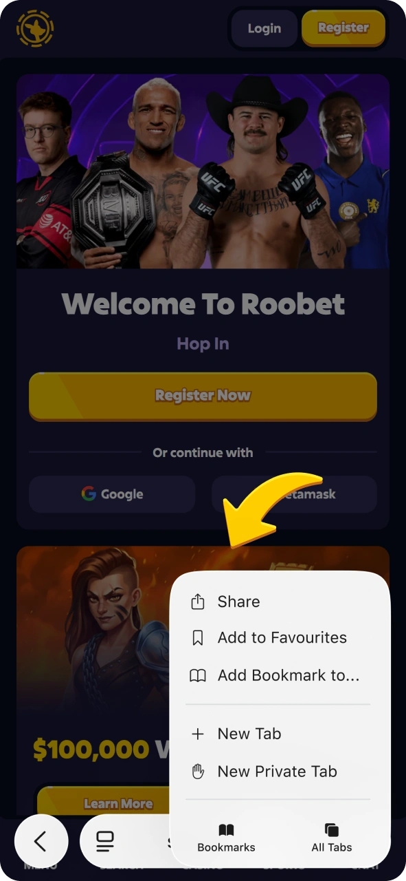 Locate share button to get Roobet iOS app.