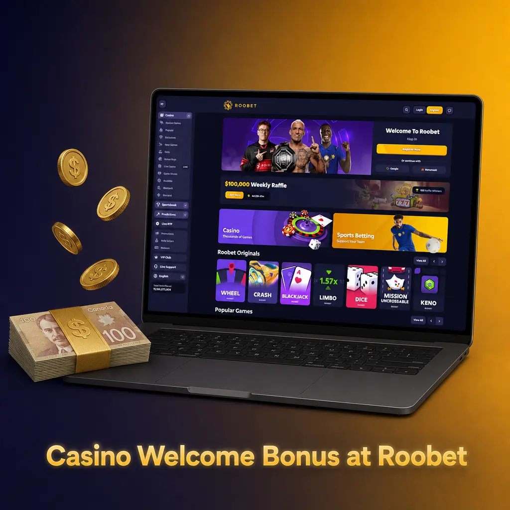 Roobet casino welcome bonus offering up to 500 USDT on first deposit with 30x wagering requirement