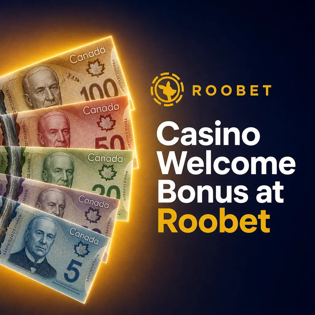 Roobet Casino Welcome Bonus for Canadian players, offering deposit match bonuses and free spins on crypto or CAD