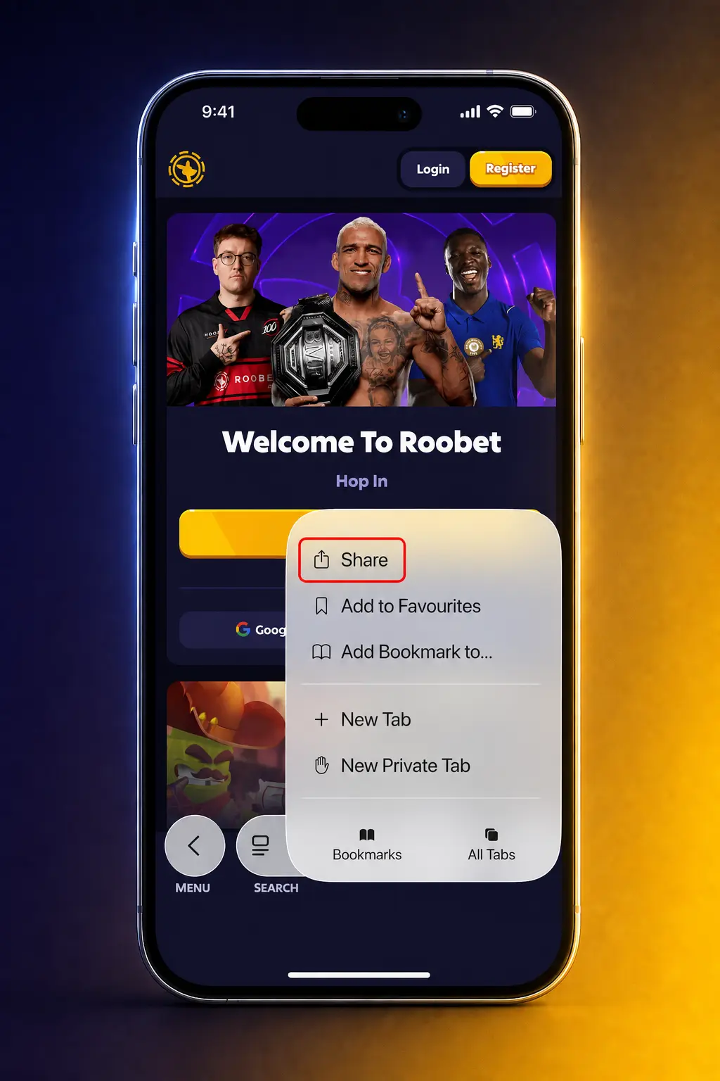 Step-by-step guide showing how to install the Roobet app on iOS using Safari's Add to Home Screen feature.