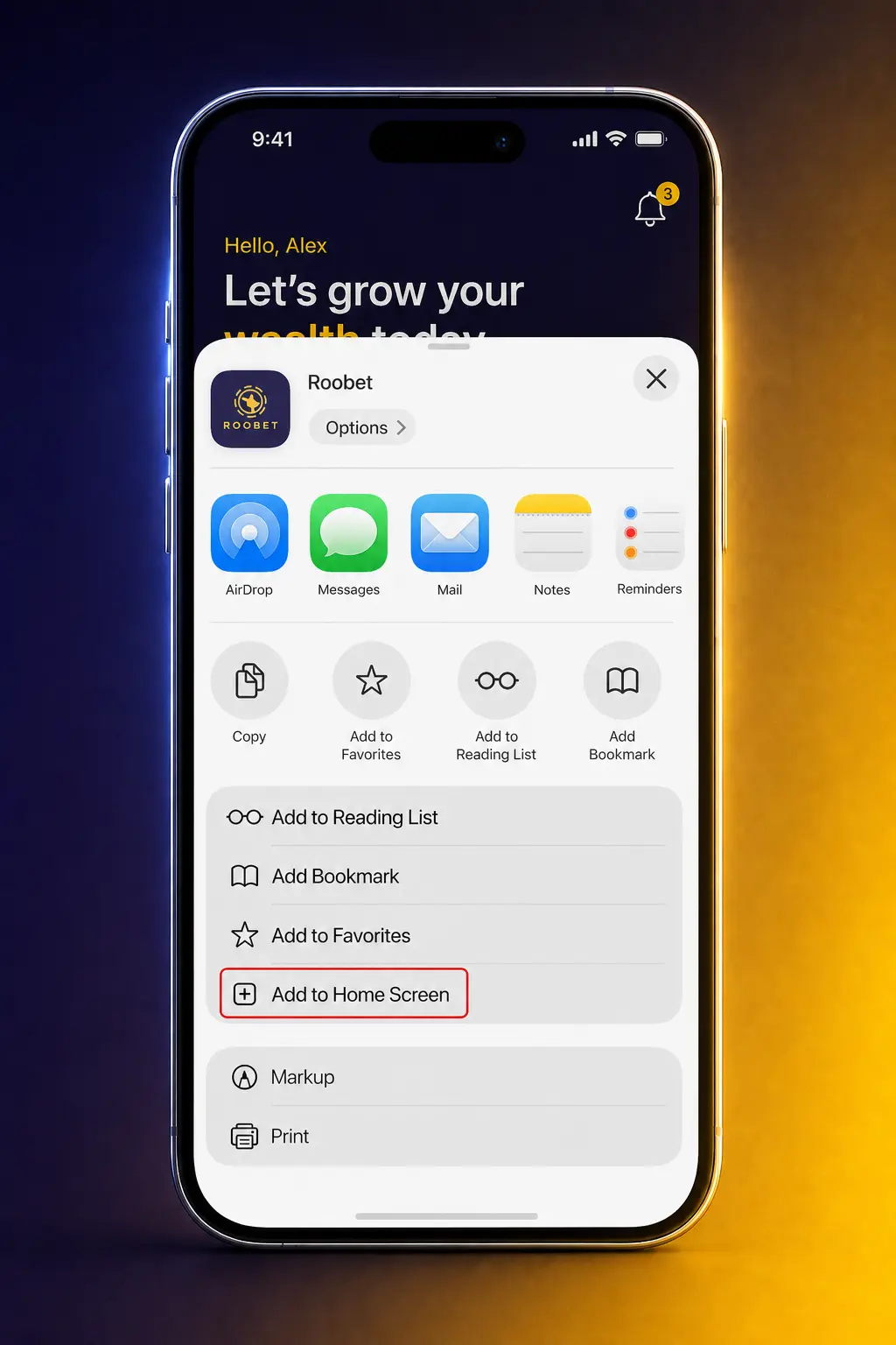Step-by-step guide showing how to install the Roobet app on iOS using Safari's Add to Home Screen feature.