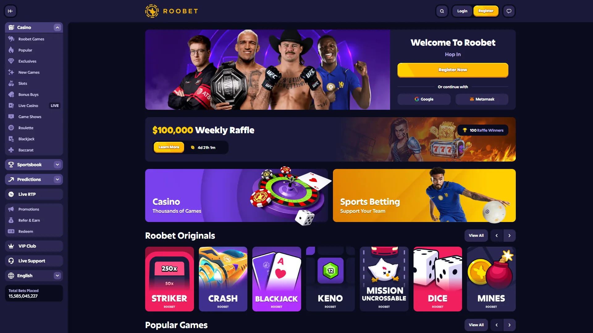Check out interface of Roobet main page.