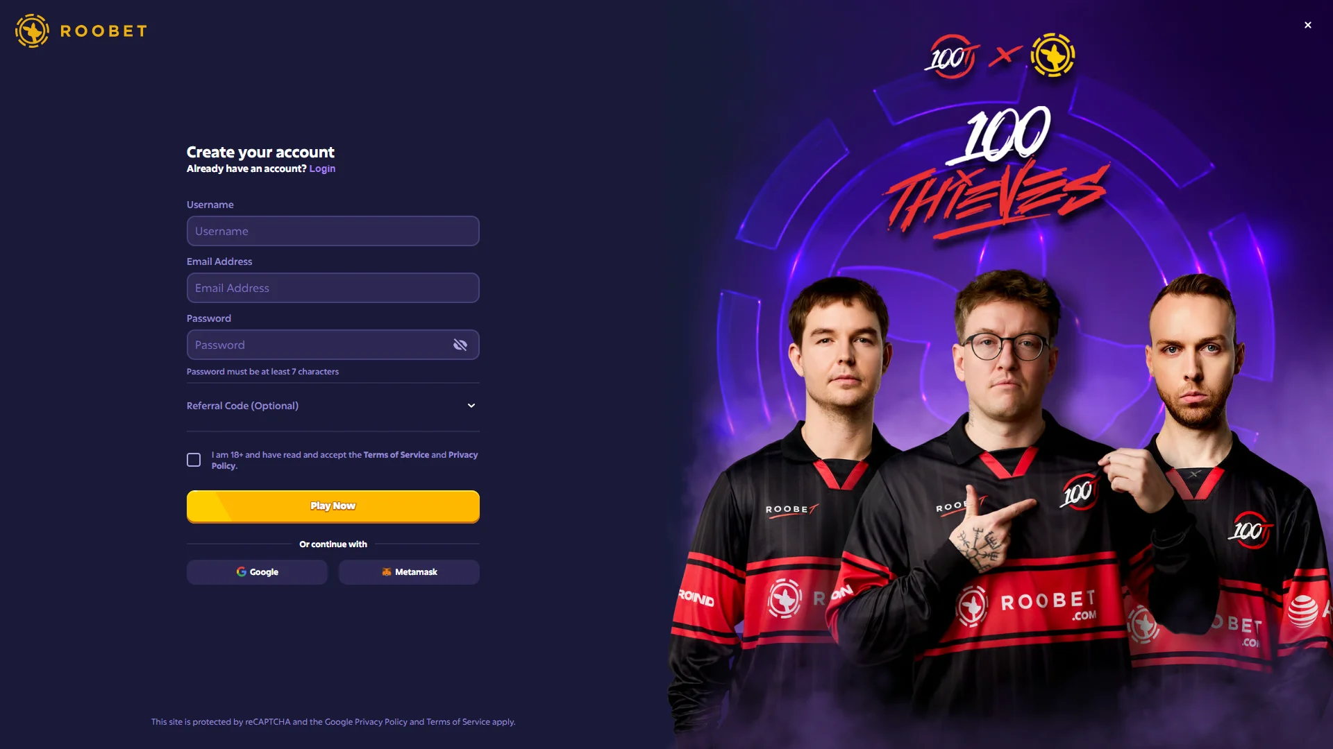 Register at Roobet and start playing right away.