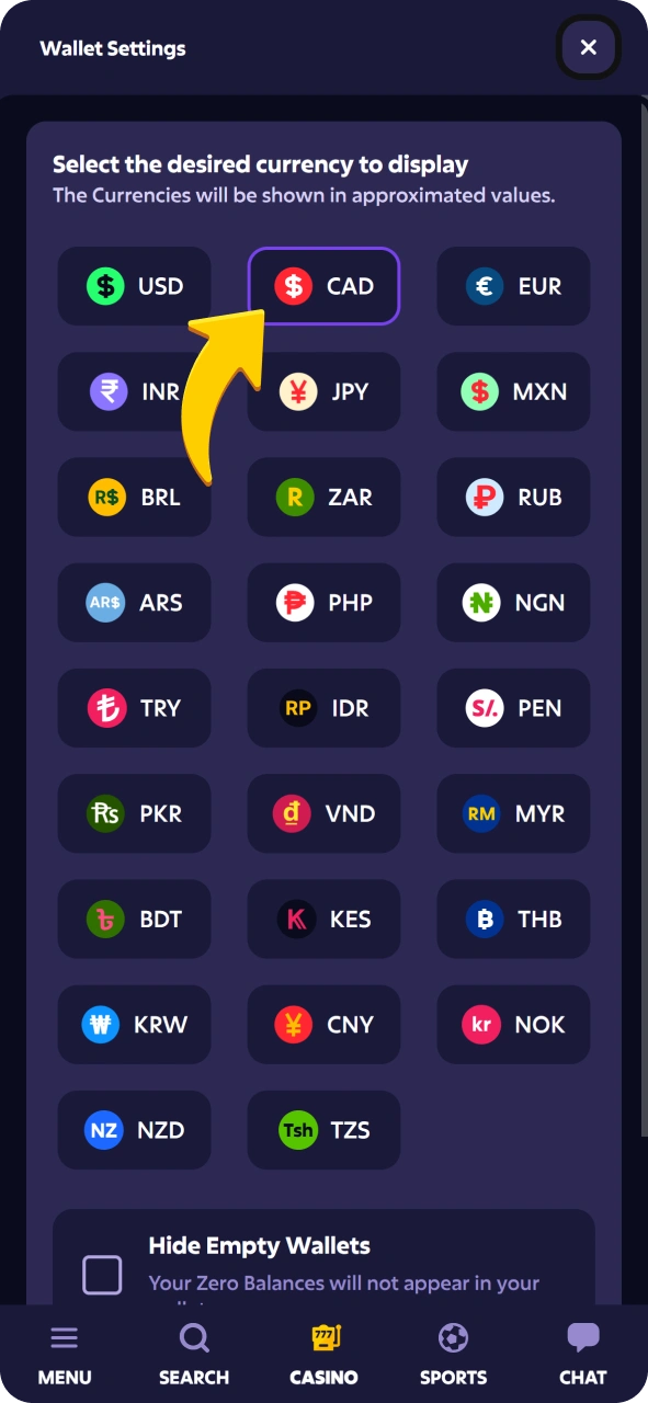 Select currency for your registered Roobet account.