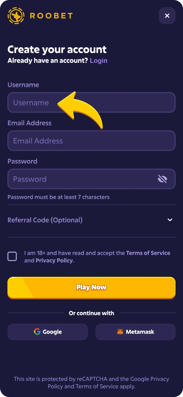Enter your data at Roobet registration form.