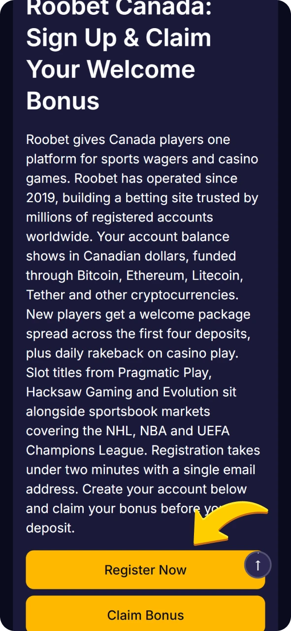 Open Roobet registration form form this page.