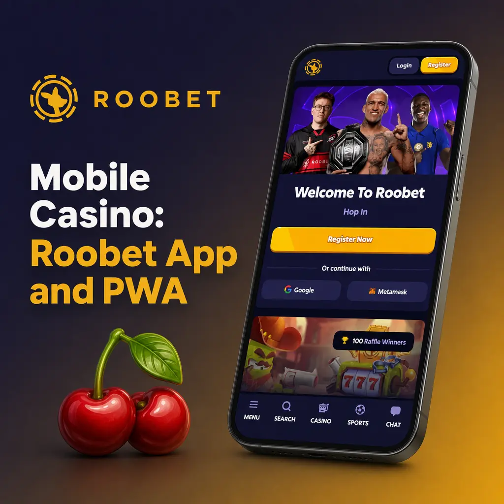 Roobet mobile casino app and PWA showing slots, crash games, and live casino on a smartphone screen