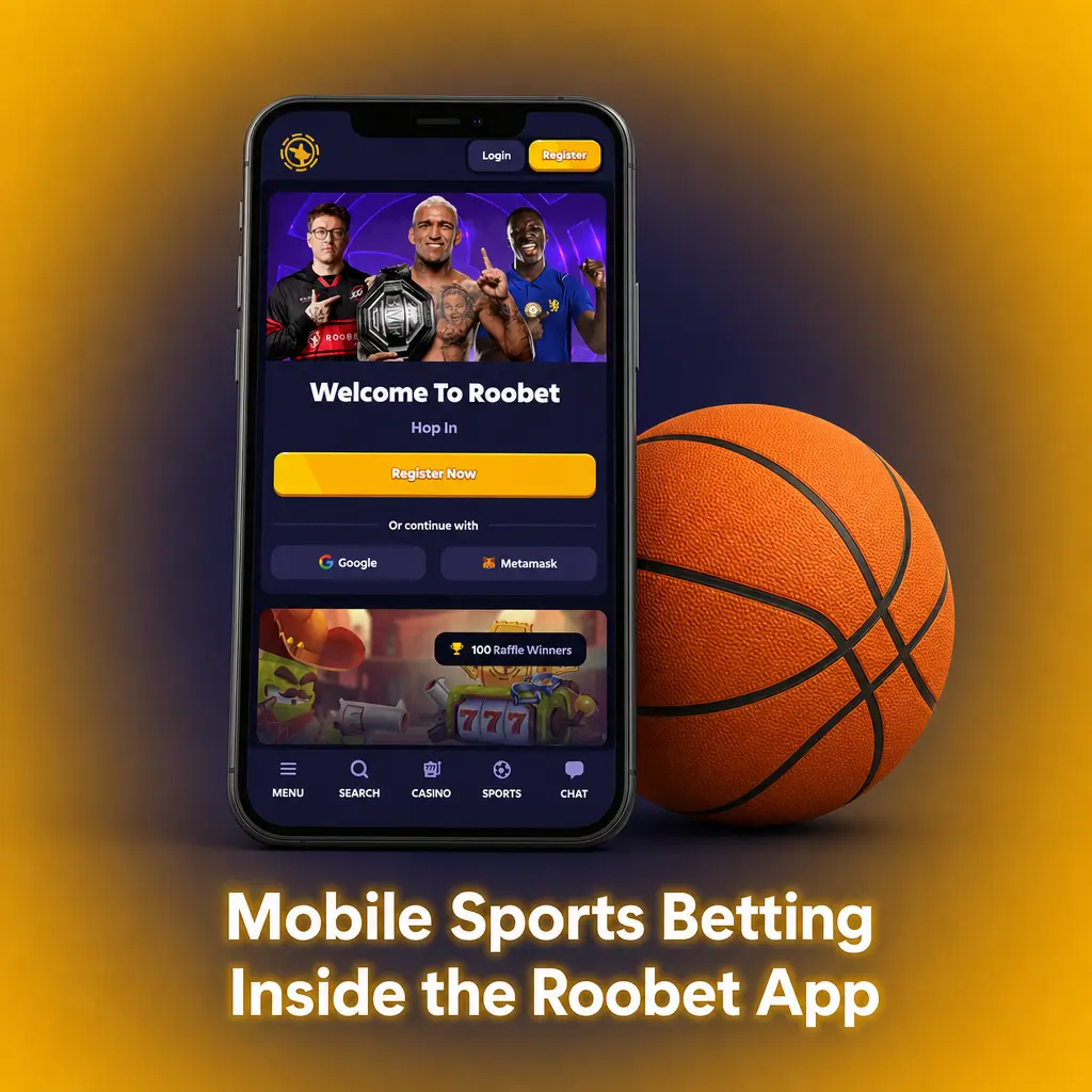 Roobet mobile app displaying live and pre-game sports betting options for hockey, basketball, football, and more