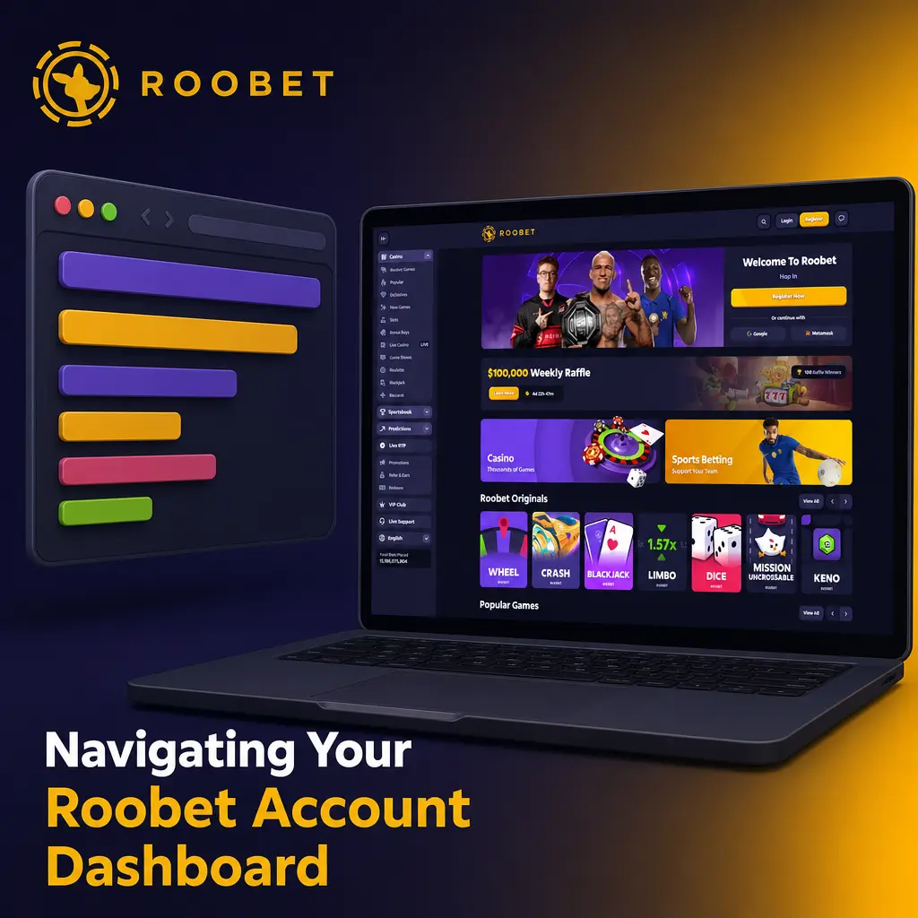 Roobet account dashboard showing Cashier, Bet History, VIP Club, Rain Rewards, and Referral Panel tools after login