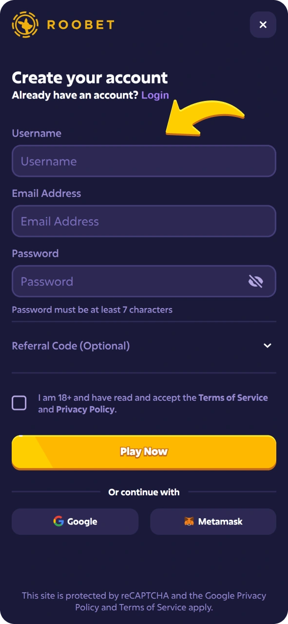 Fill the form to register at Roobet app.