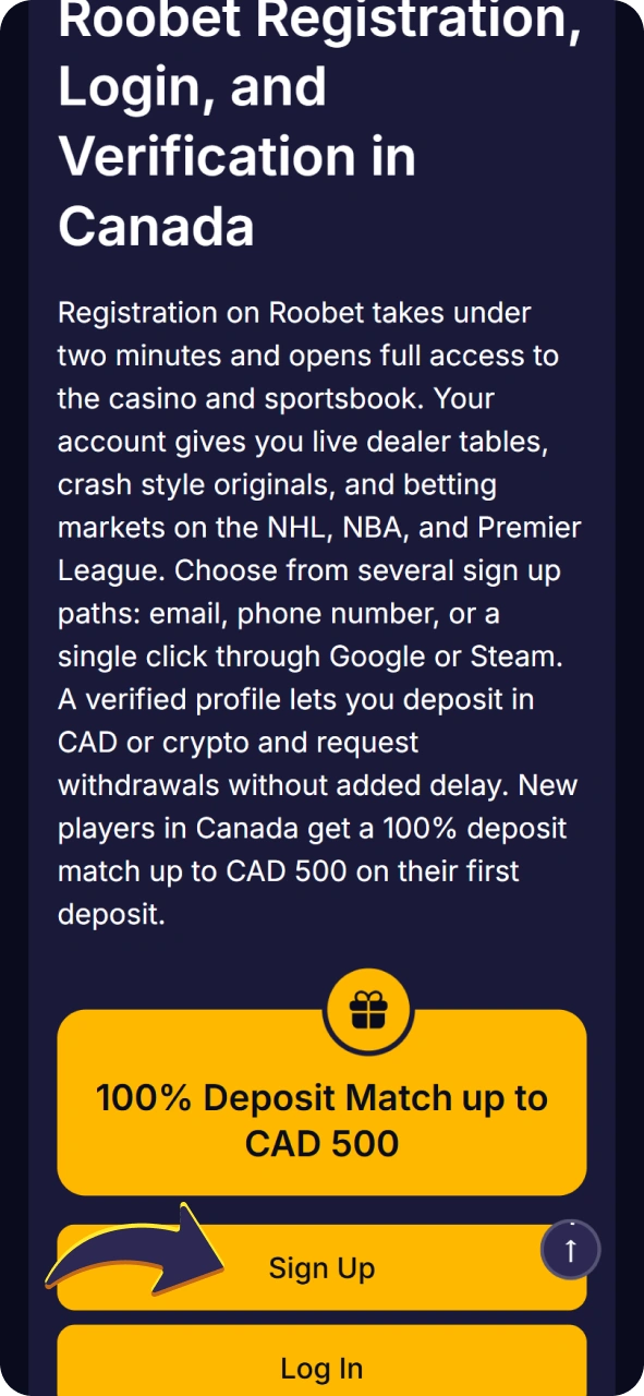 Click this button to register at Roobet app.