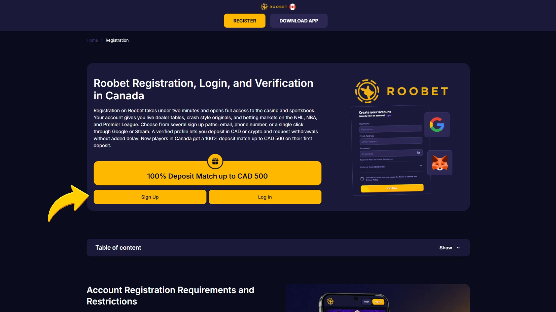 Click this button to register at Roobet.