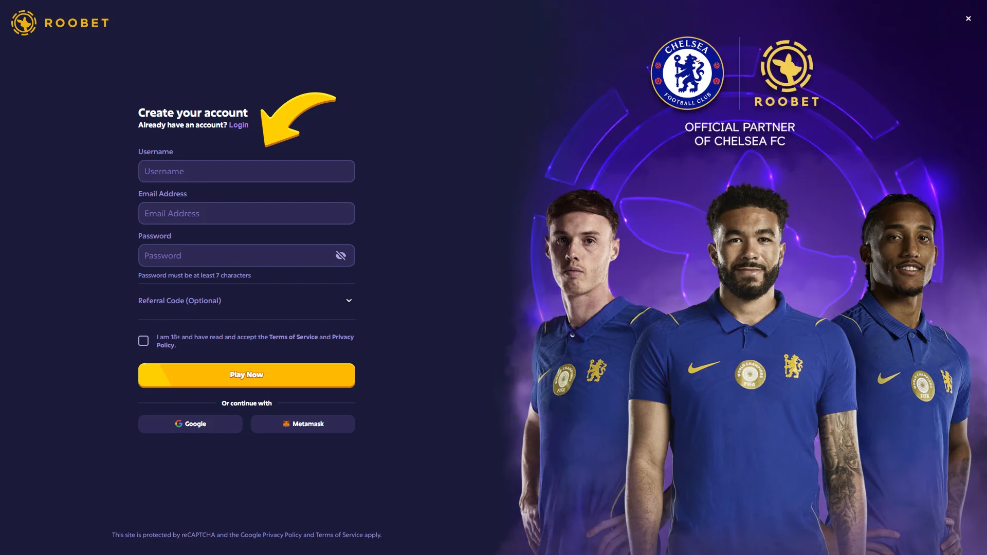 Type in your account information at Roobet.