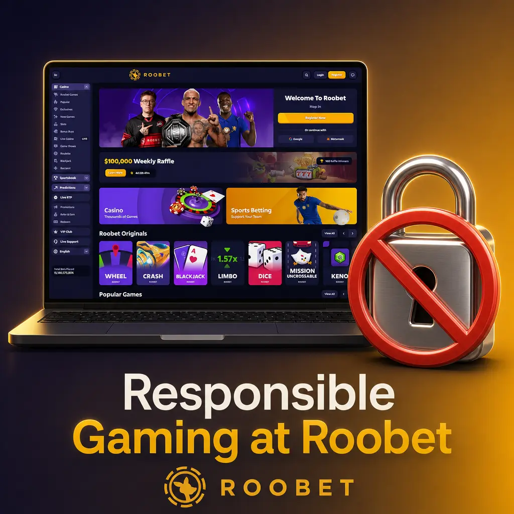 Roobet Responsible Gaming settings showing deposit limits, loss limits, session reminders, and self-exclusion tools
