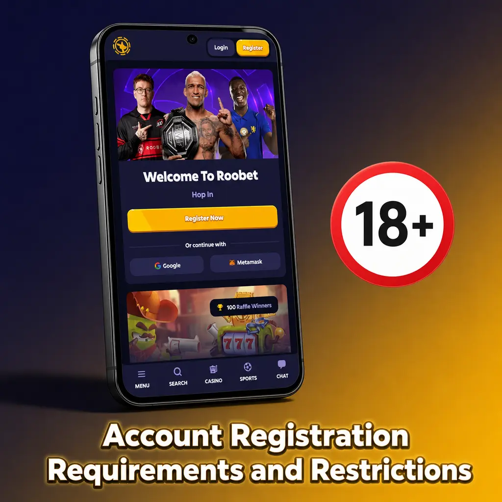 Roobet account registration rules showing age limits, ID verification, and eligible countries for Canadian players