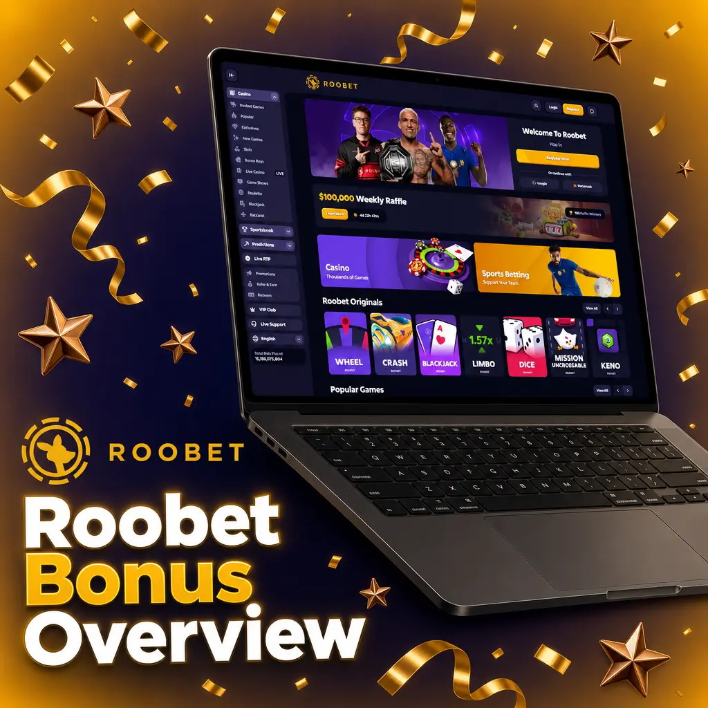 Roobet Bonus Overview table listing welcome bonuses, VIP rakeback, races, rain drops, cashback, and odds boosts