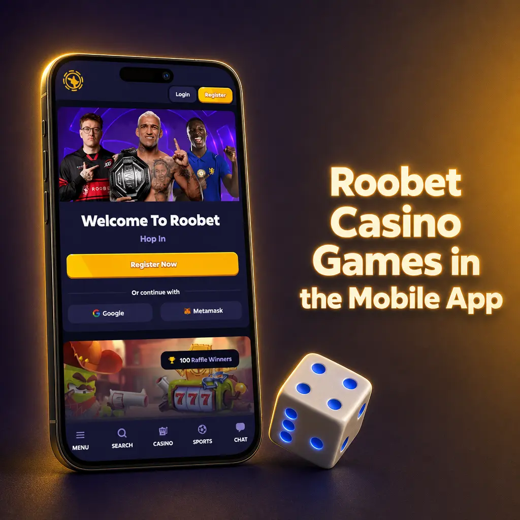 Roobet Casino mobile app screen showing game categories: slots, live casino, table games, game shows, and jackpots.
