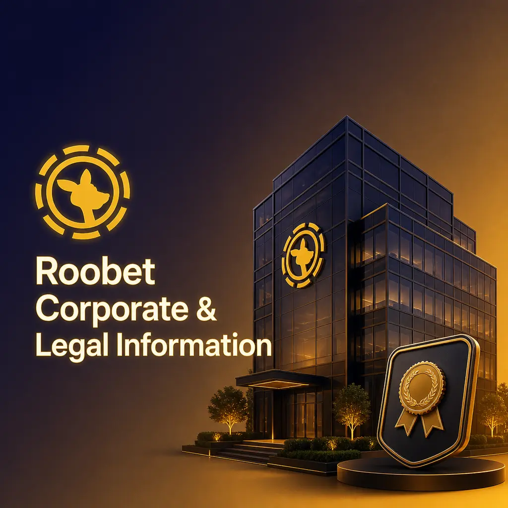 Roobet corporate and legal information page showing licensing, registration, and regulatory details for the online gaming platform.