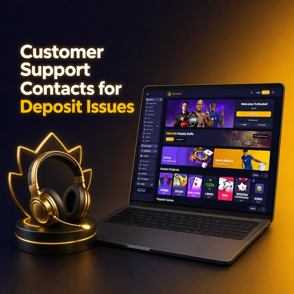 Roobet customer support contact options for resolving deposit issues, including live chat, Help Center, tickets, Discord, and Twitter