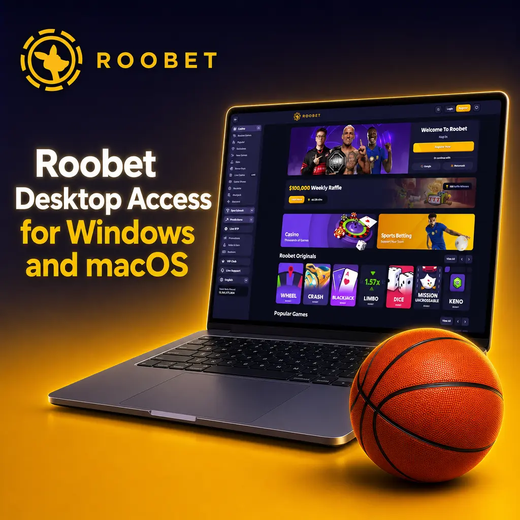 Roobet website interface accessed via browser on Windows and macOS desktop screens
