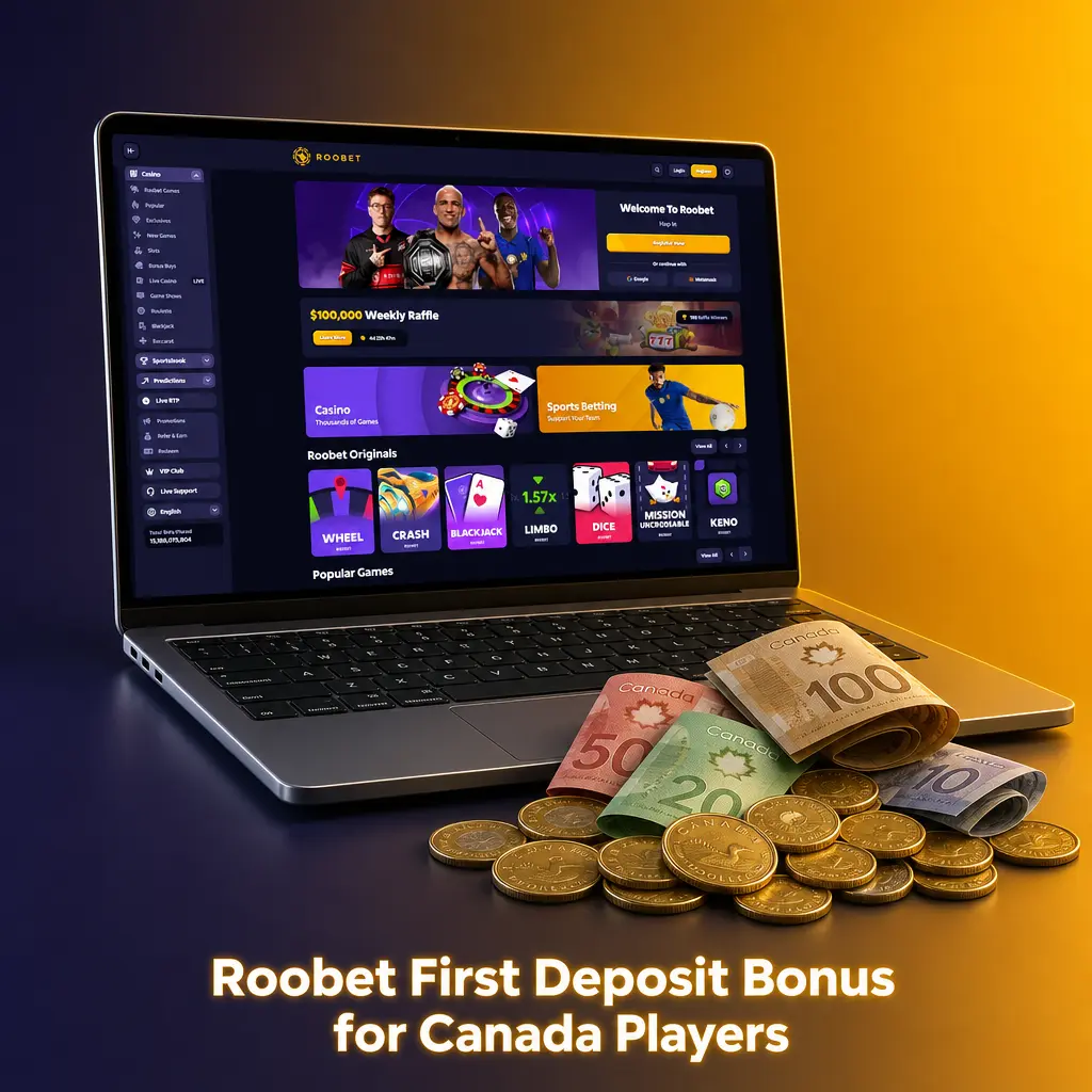 Roobet first deposit bonus for Canada: 100% match up to 500 CAD on slots, Originals, and live dealer games.