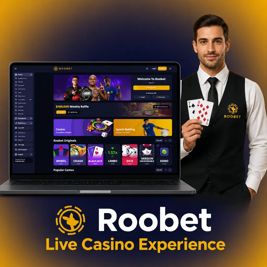 Roobet Live Casino with HD-streamed dealers for Blackjack, Roulette, Baccarat, Poker, and game shows like Crazy Time