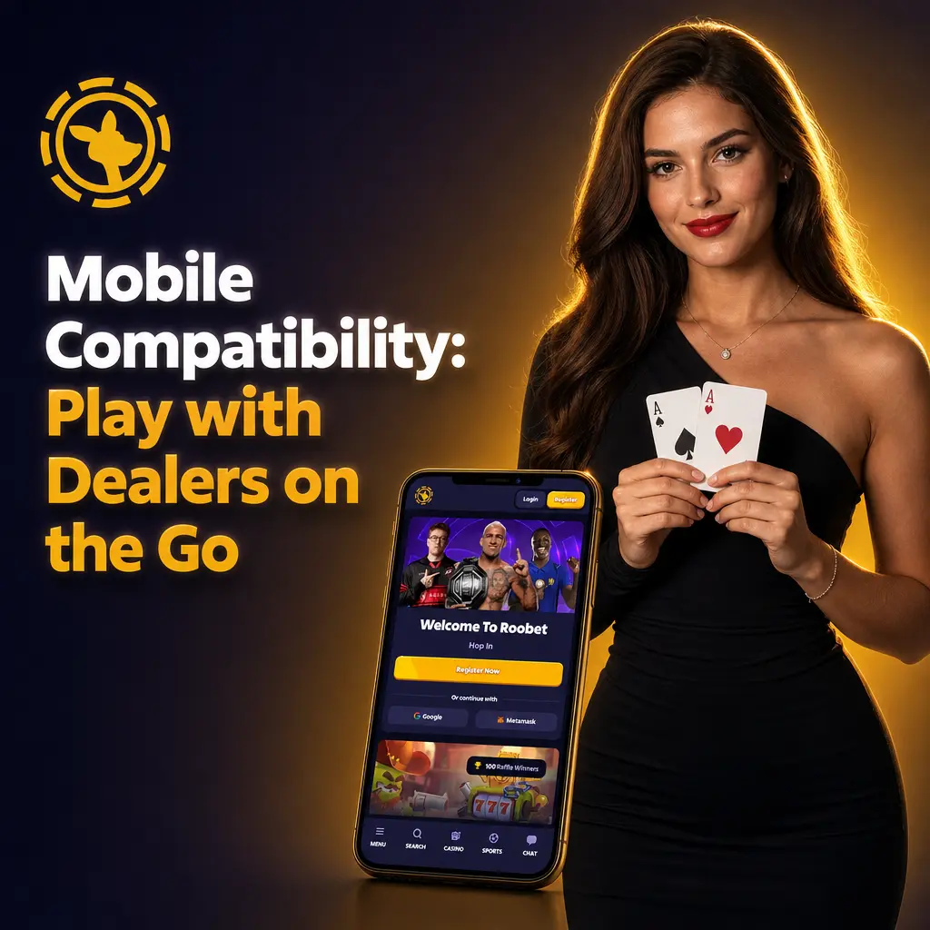 Roobet mobile live casino screen showing vertical layout with dealer video feed and bet panel visible together