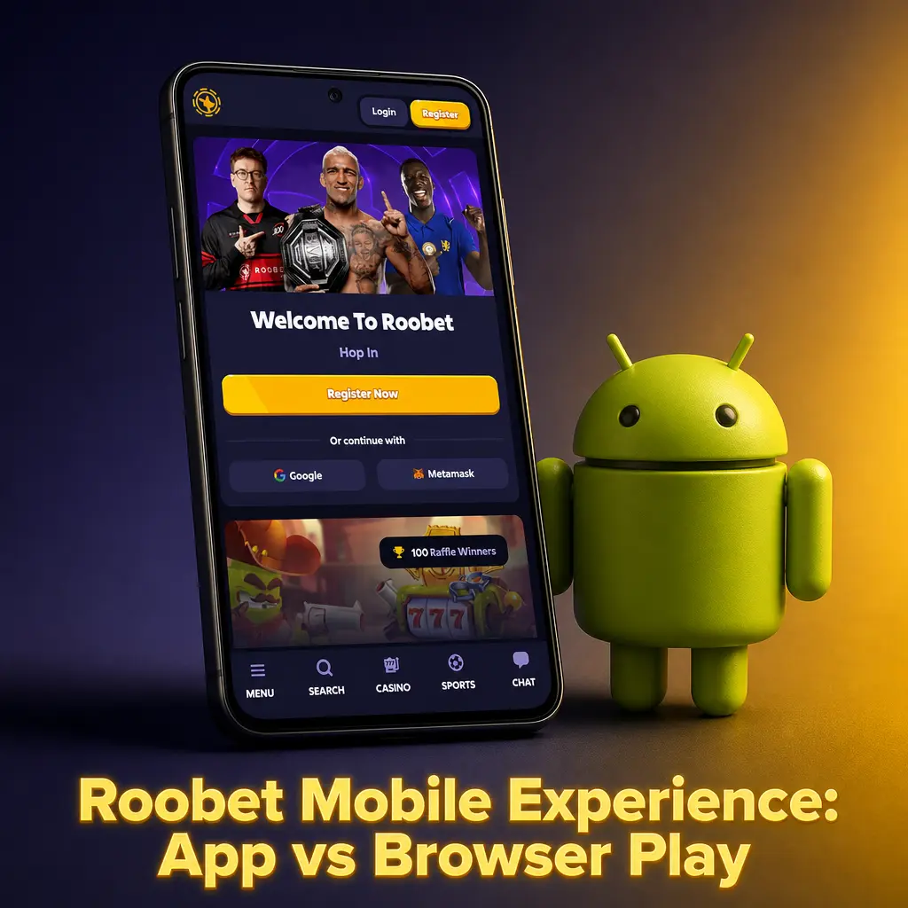 Roobet mobile app interface shown on a smartphone screen, comparing browser-based play with home screen access for Canada players.