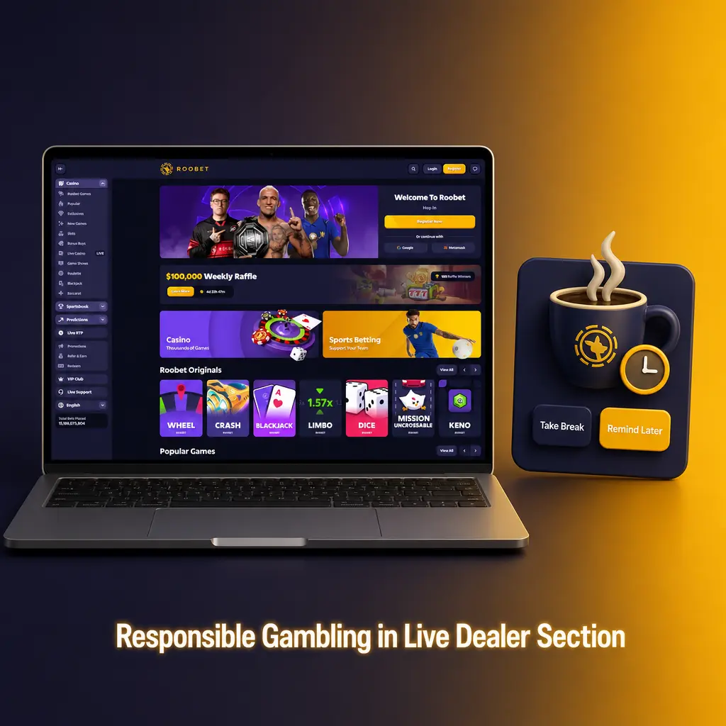 Responsible gambling tools in Roobet's live dealer lobby showing bet limits and session timer settings for safer play.